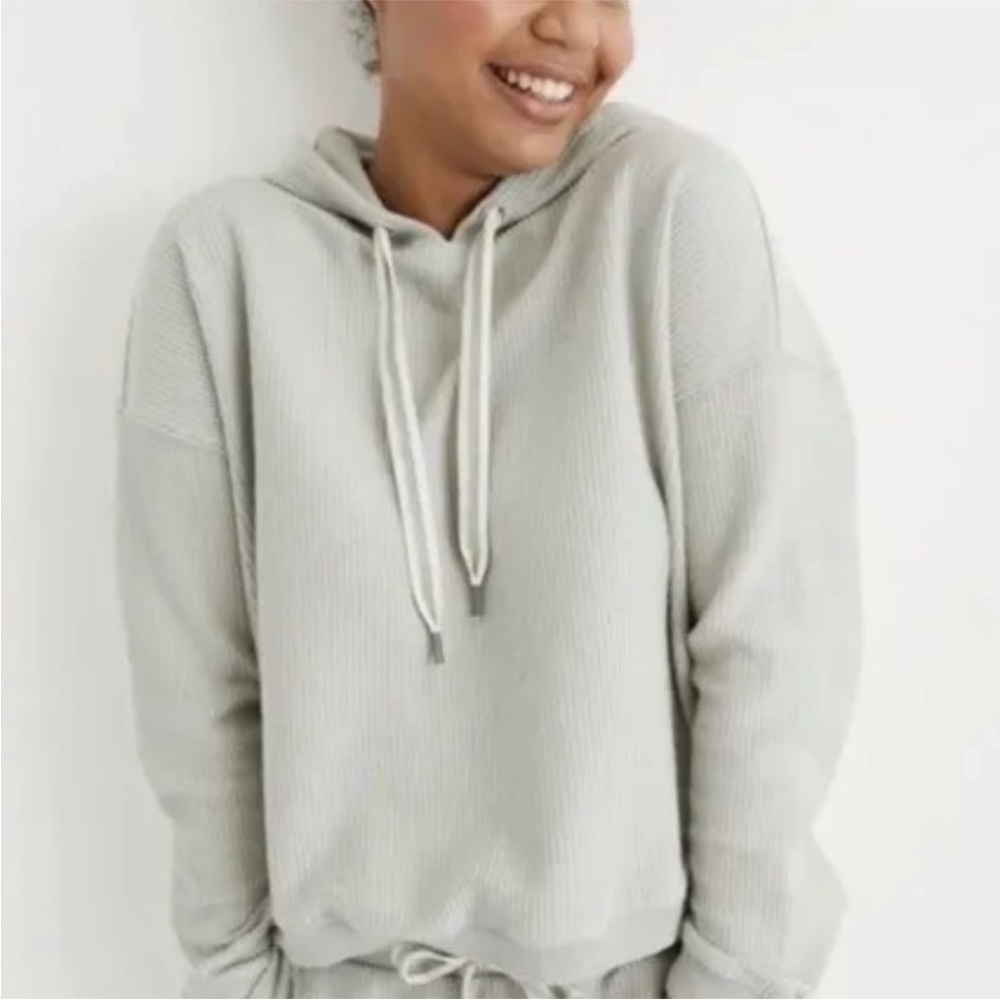 Aerie New Love Ribbed Cropped Hoodie Sage Green